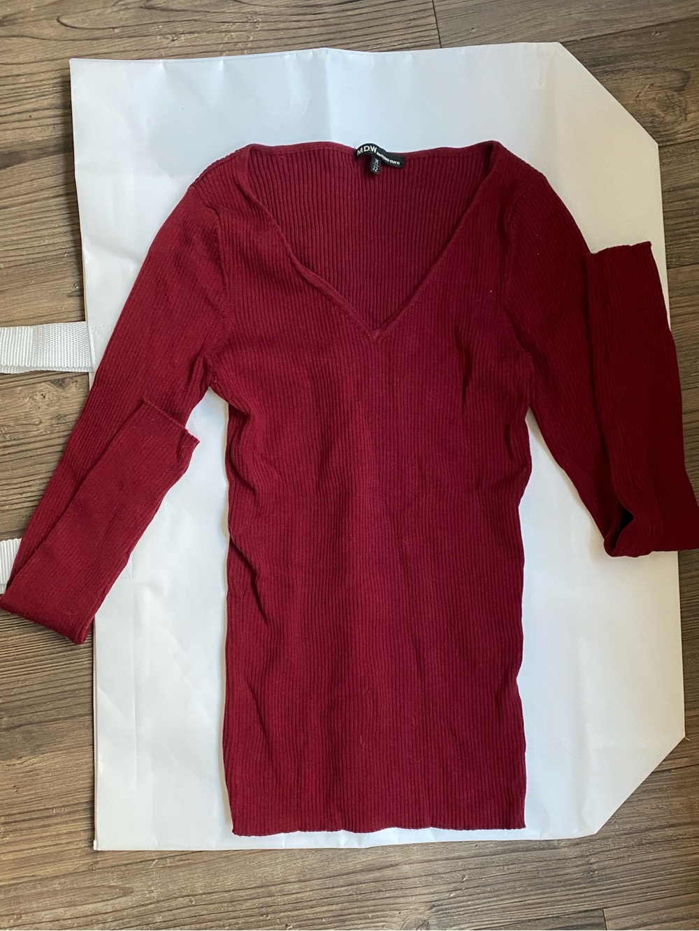 Massimo Dutti Ribbed V-Neck Sweater Dress in Burgundy